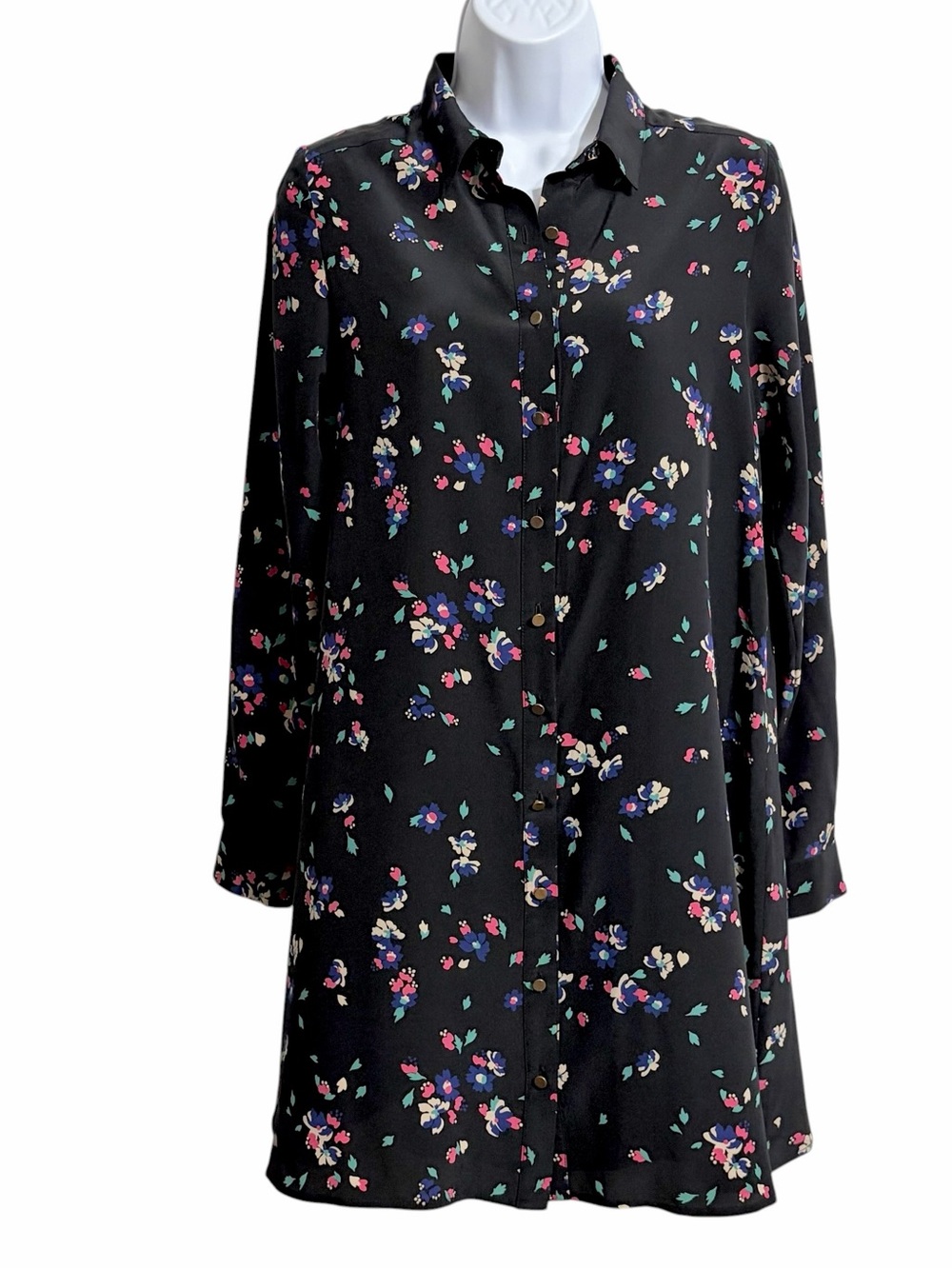 Sezane Parisian Dark Floral Silk Shirt Dress Womens XS Black Quiet Luxury Boho